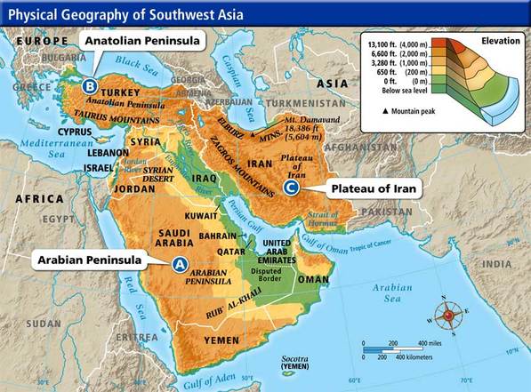 physical map of southwest asia mountains